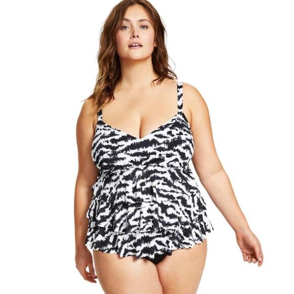 NWT Swim Solutions Tiered One Piece Swimsuit Black White Control Plus Size 20W - Picture 1 of 10